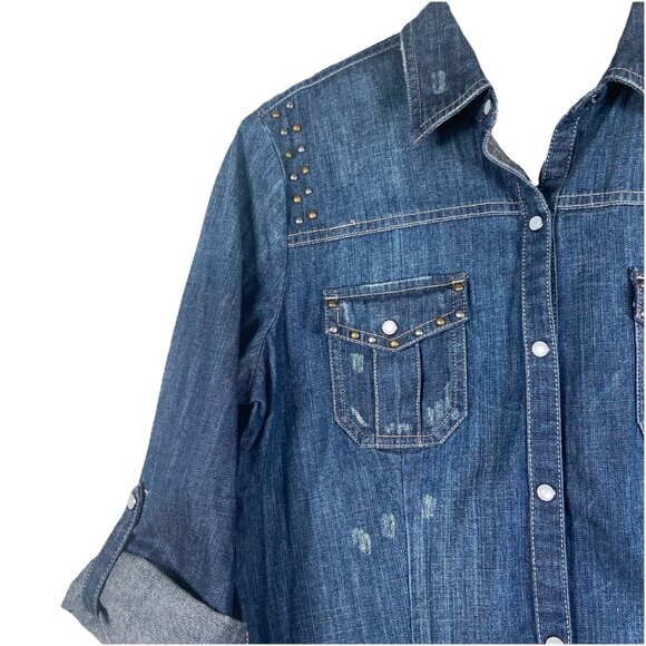 Harley Davidson Womens Embroidered Pearl Snap Button Beaded Denim Shirt Sz Small - Picture 4 of 12